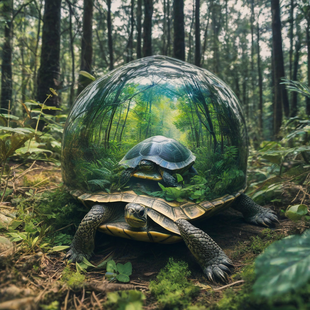 a turtle with a lush, vibrant forest on its shell, applying a double exposure photography effect with a blurred, dreamy atmosphere, capturing the intricate details of the forest's foliage and the turtle's shell, with plants growing out of the shell, and vines wrapping around it, in a serene, idyllic setting