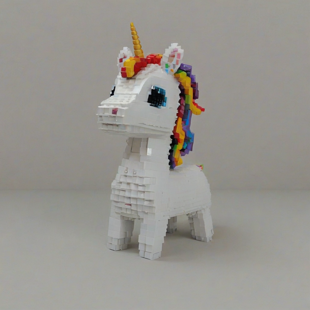 Brightly colored, 3D chibi pixel art of a unicorn, on a plain white background, even lighting