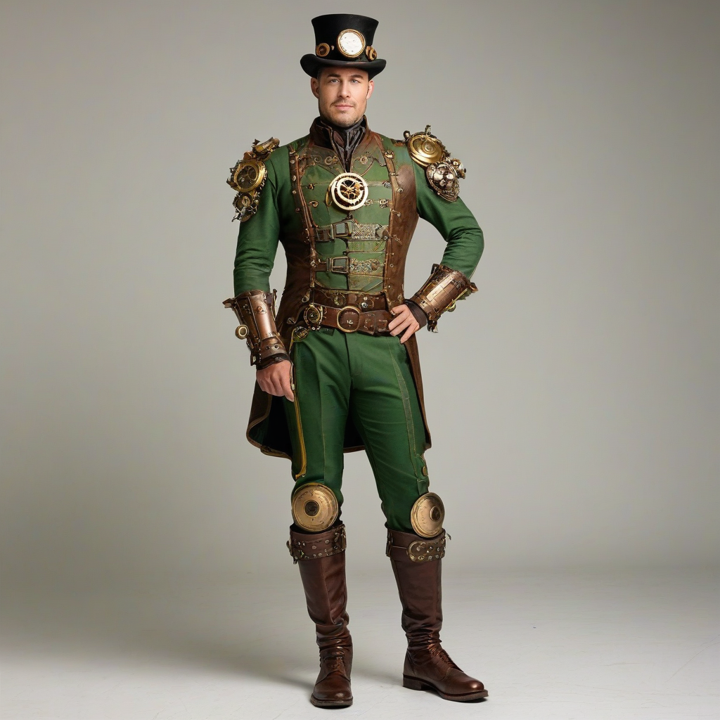 A full-body view of a steampunk superhero costume, primarily green in color, with brass accents and visible gears, set against a plain white background, in a wide shot, with the costume's intricate details and textures visible, and a mix of leather and metallic materials, with a focus on the costume's unique steampunk elements