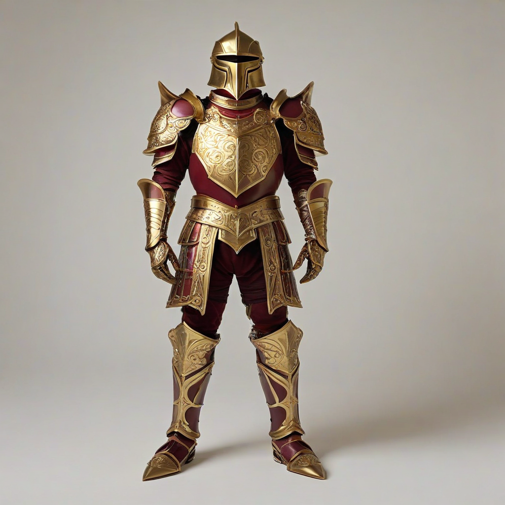 A full-body view of a piece of burgundy fantasy armor, with intricate golden details and a regal design, set against a plain white background, in a wide shot, with a soft, warm lighting and a slight backlight to accentuate the armor's textures, in the style of a digital illustration with bold lines and vibrant colors