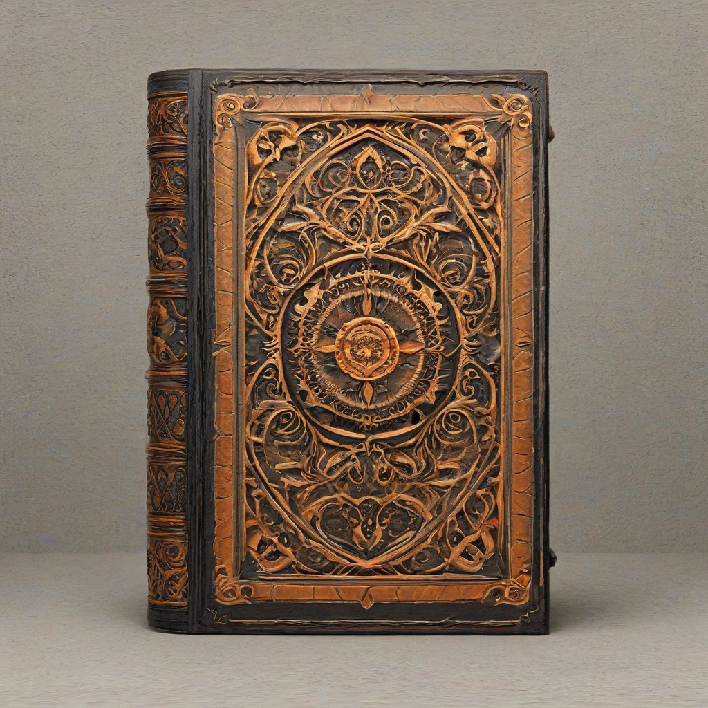 A dark fantasy-themed, ornate, leather-bound book with intricate carvings, in the center of a plain white background, full-body view, wide shot, with a dominant orange color scheme, and dramatic lighting, in a digital art style, with a sense of mystery and foreboding, on a plain white background, even lighting