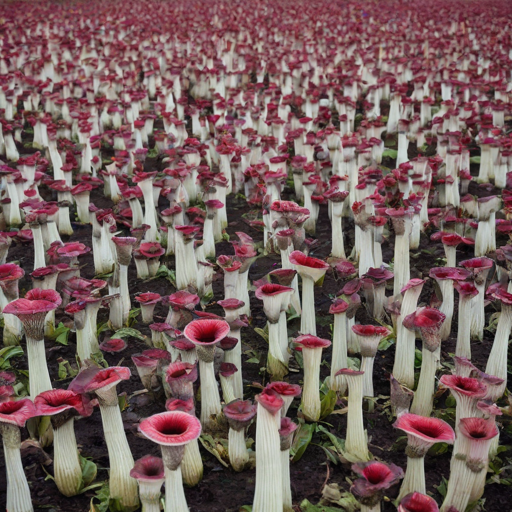 A field of corpse flowers, full-body view, plain white background, wide shot, vibrant colors