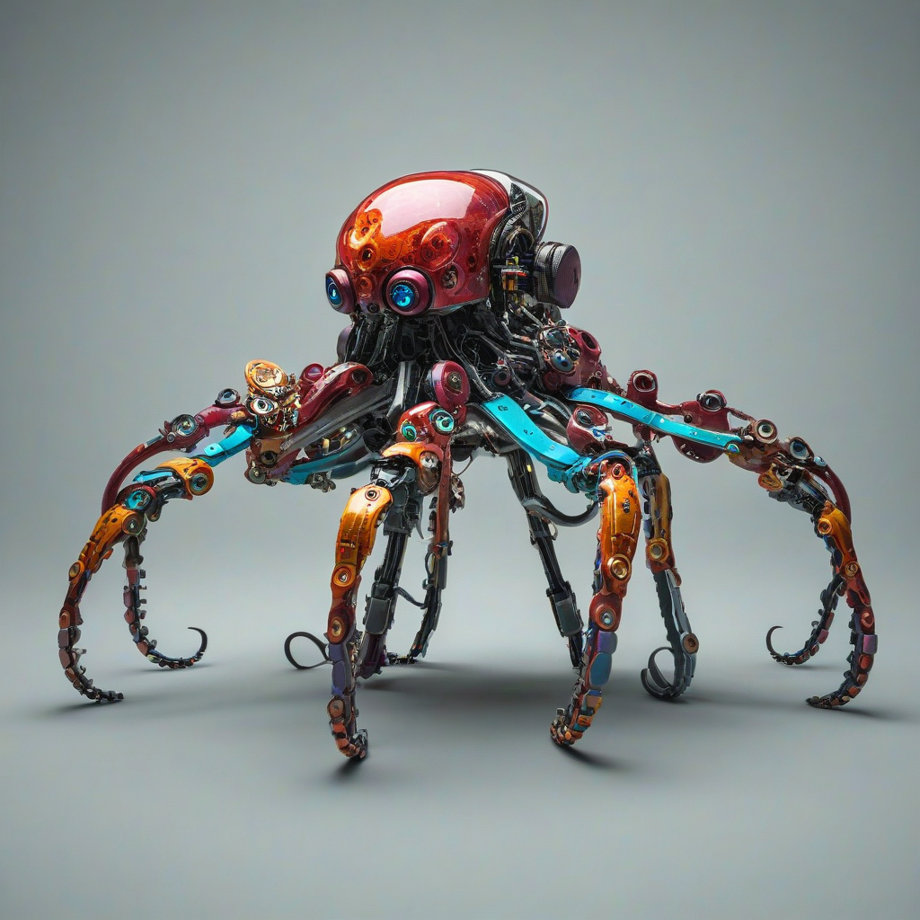 a single robotic octopus, with bright and vivid colors, mechanics of legs visible, on a plain white background, even lighting