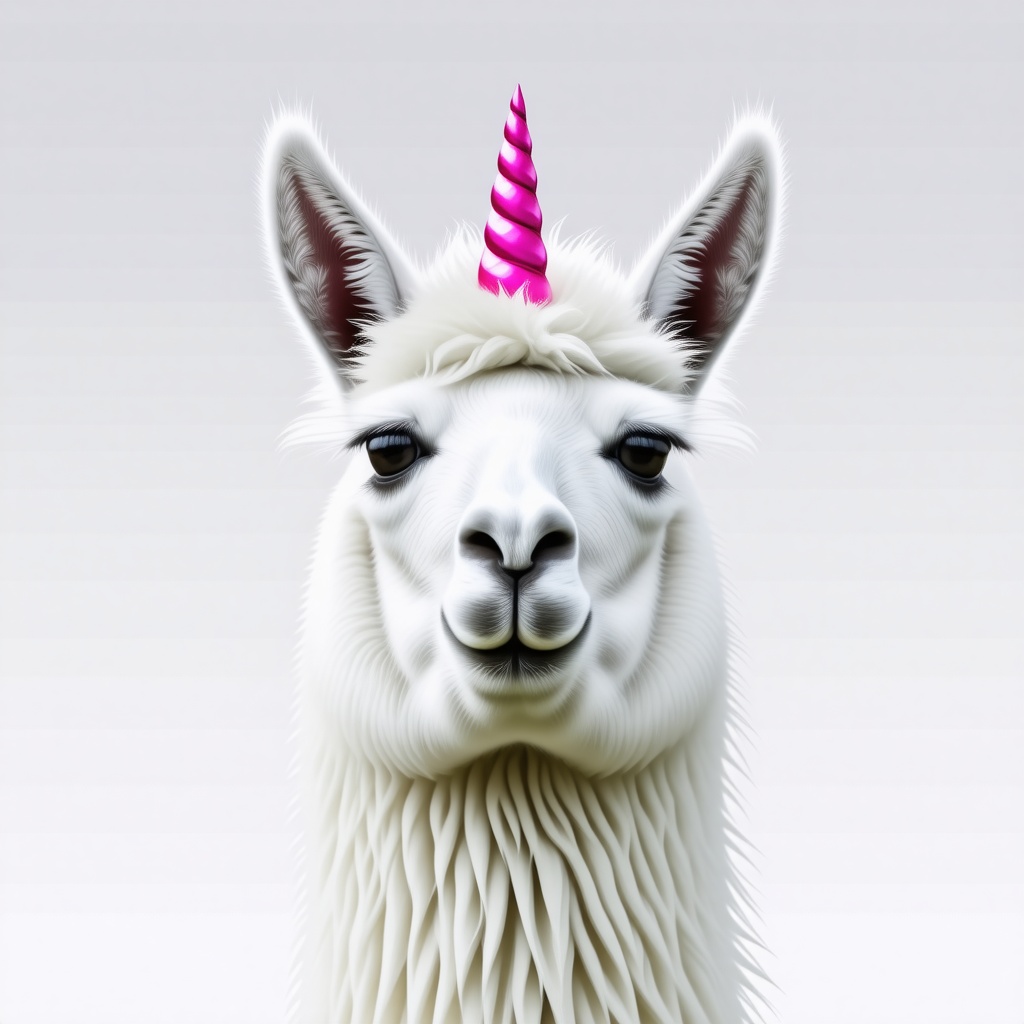 A llama with a pink unicorn horn