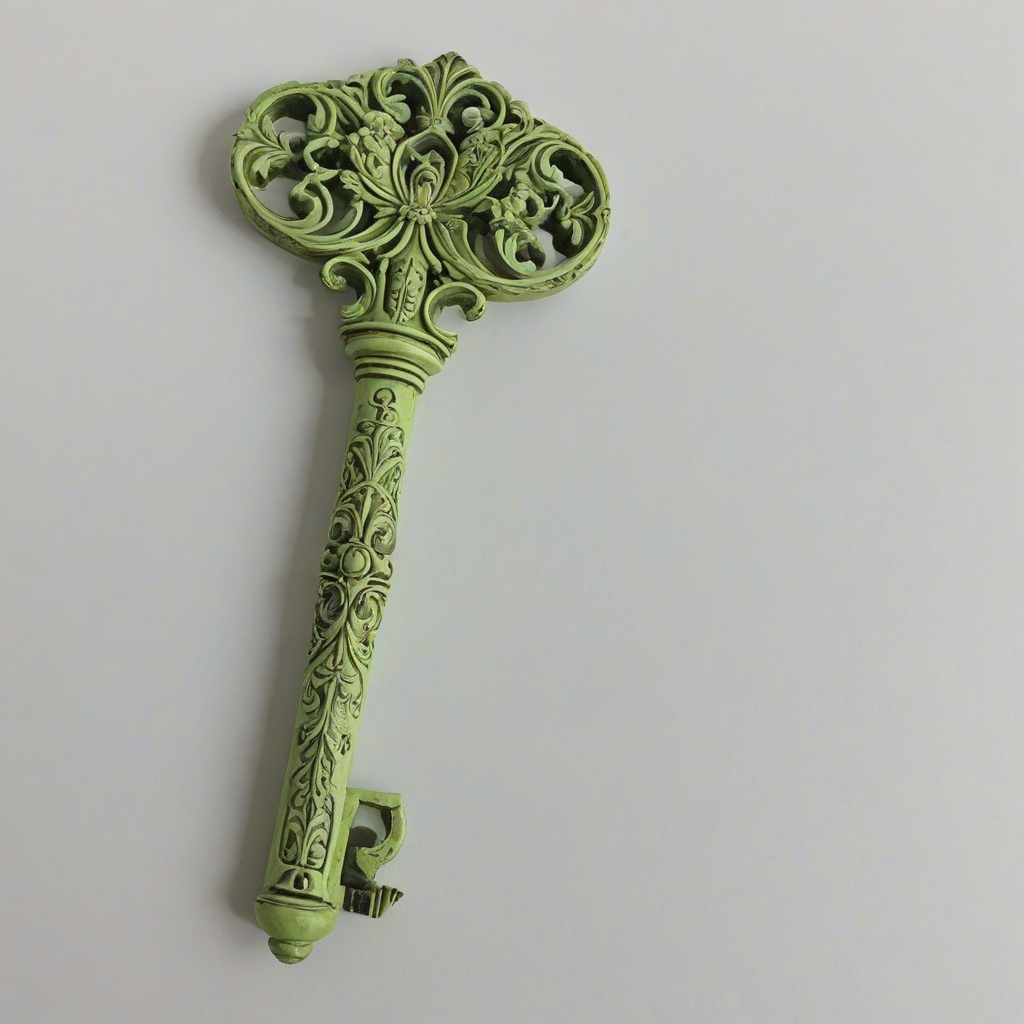 A large, old, ornate key, with a lime green patina, in a Renaissance style, with intricate details and craftsmanship, on a plain white background, full-body view, with the key's teeth and bow visible, in a wide shot, with soft, natural lighting, and a sense of history and age
