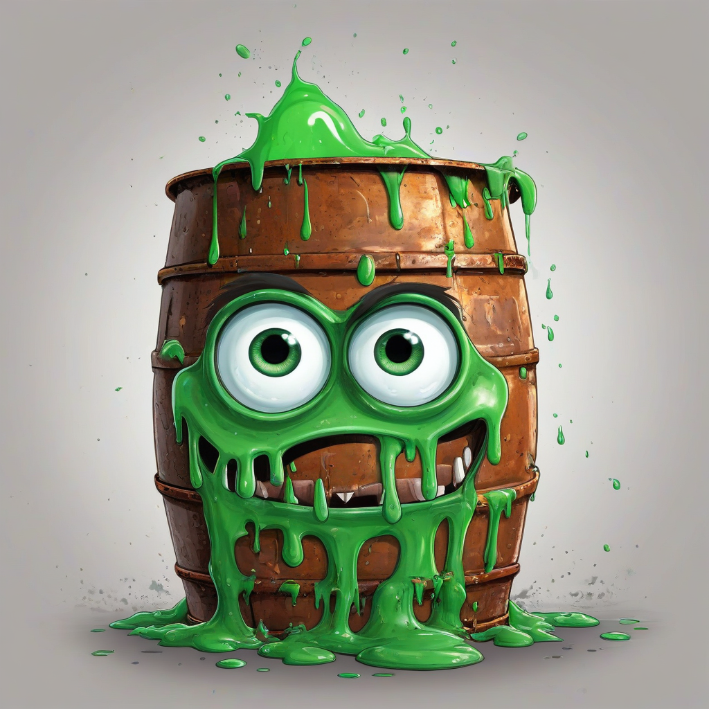 hand-drawn cartoon of a rusted 50-gallon metal barrel with green goo flowing out of it, big eyes, happy expression, bright, even lighting, on a plain white background, on a plain white background, even lighting