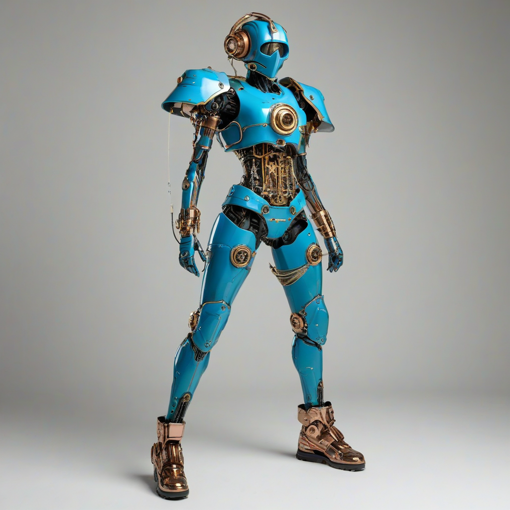 A full-body view of a futuristic, Azure-colored, wearable gadget with intricate brass details and copper wiring, set against a plain white background, in a Dieselpunk style with a mix of industrial and sci-fi elements, featuring a wide shot with the gadget's complex mechanisms and pipes visible, under a soft, warm backlight with dynamic shadows, on a plain white background, even lighting