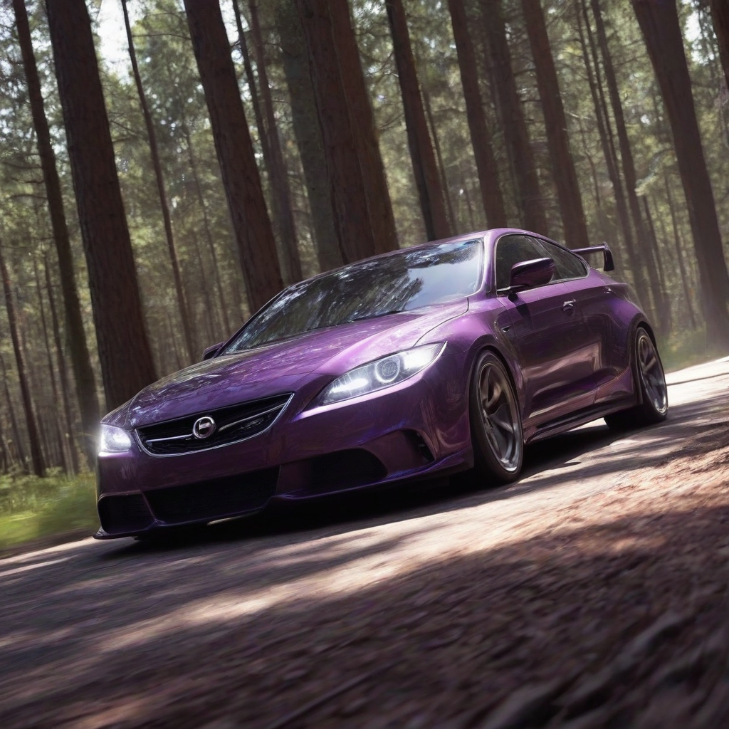 Low-angle purple car driving, full-body, glossy, wide-angle, digital art, dynamic shadows, hard rim light, in a forest