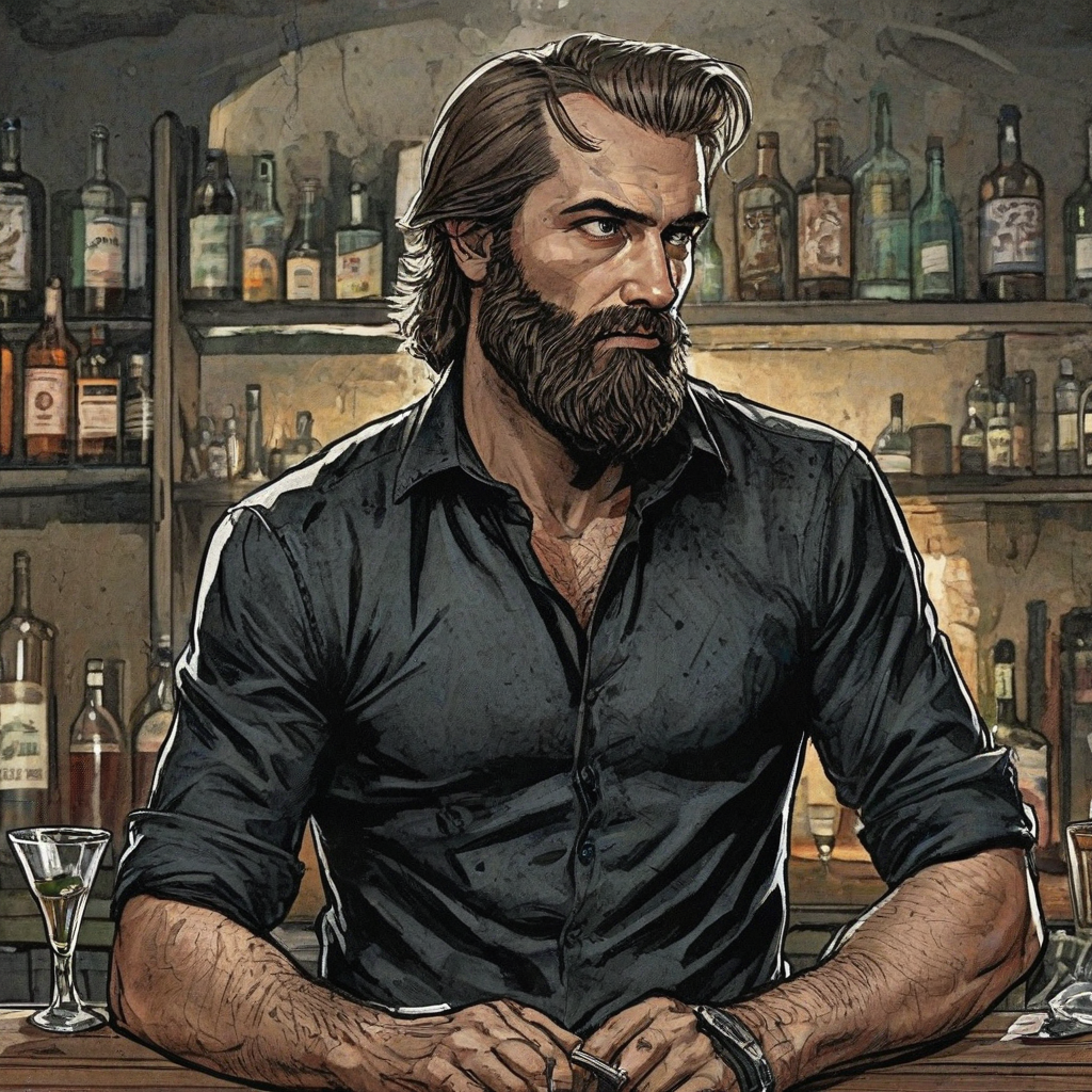 grungy comic book art style bearded man in black dress shirt, bartender