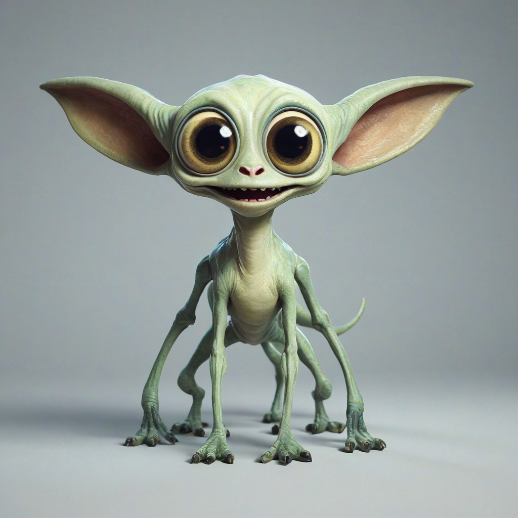 hand-drawn cartoon of a quadruped alien creature with big eyes, happy expression, bright, even lighting, on a plain white background, on a plain white background, even lighting