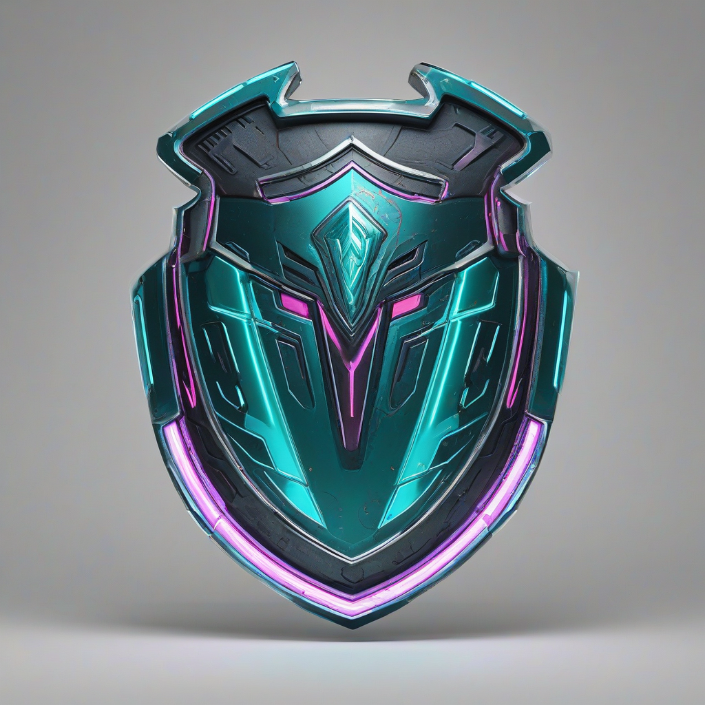 A teal, synthwave-inspired shield, with neon accents and a metallic sheen, in a wide shot, full-body view, on a plain white background, with dynamic shadows and a hard rim light, in the style of a digital illustration