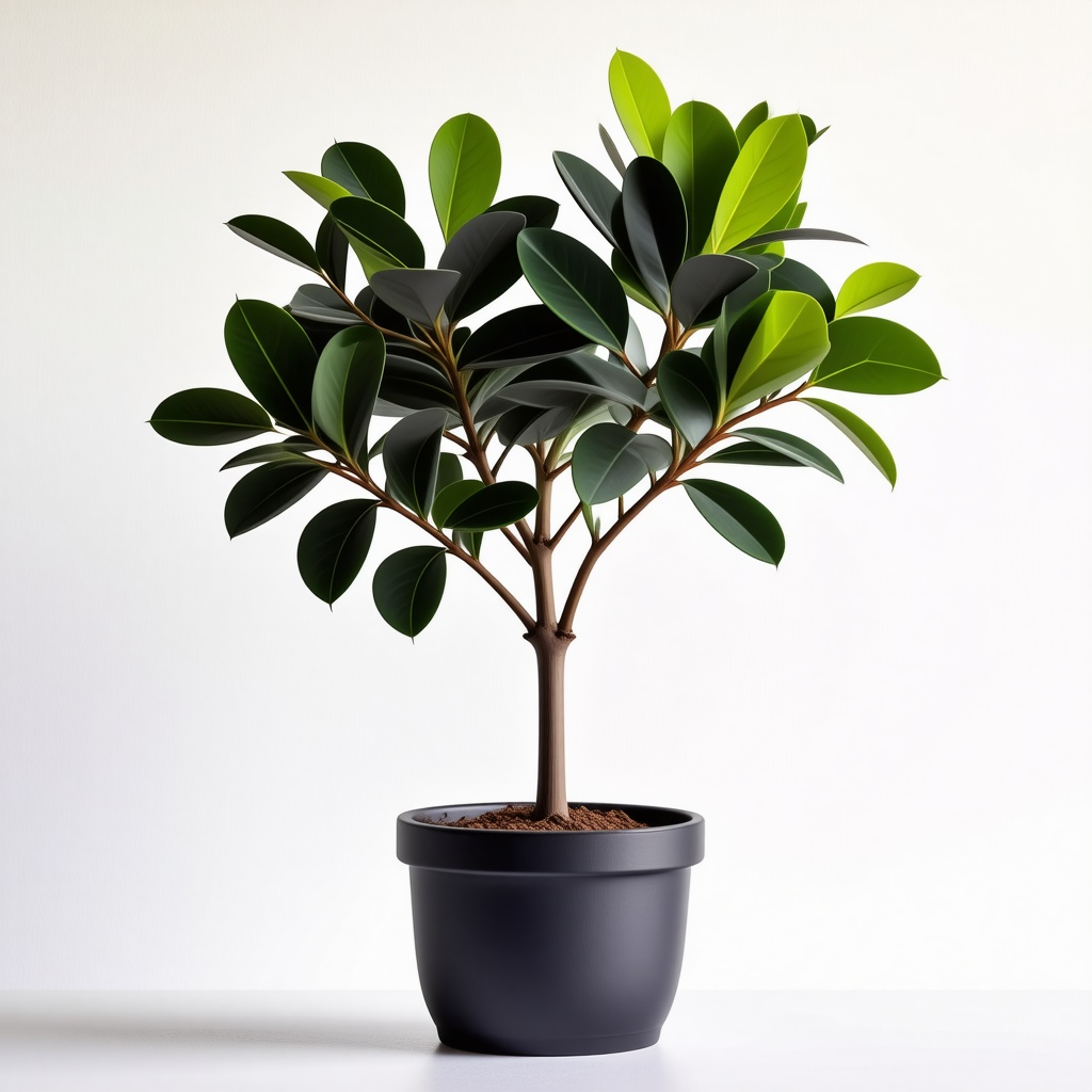 A bright yellow, full-body view of a small potted plant with rounded leaves and a thick stem, set against a plain white background, in a digital art style with bold lines and vibrant colors, with a wide-angle shot and soft natural lighting, and a subtle sheen to the leaves
