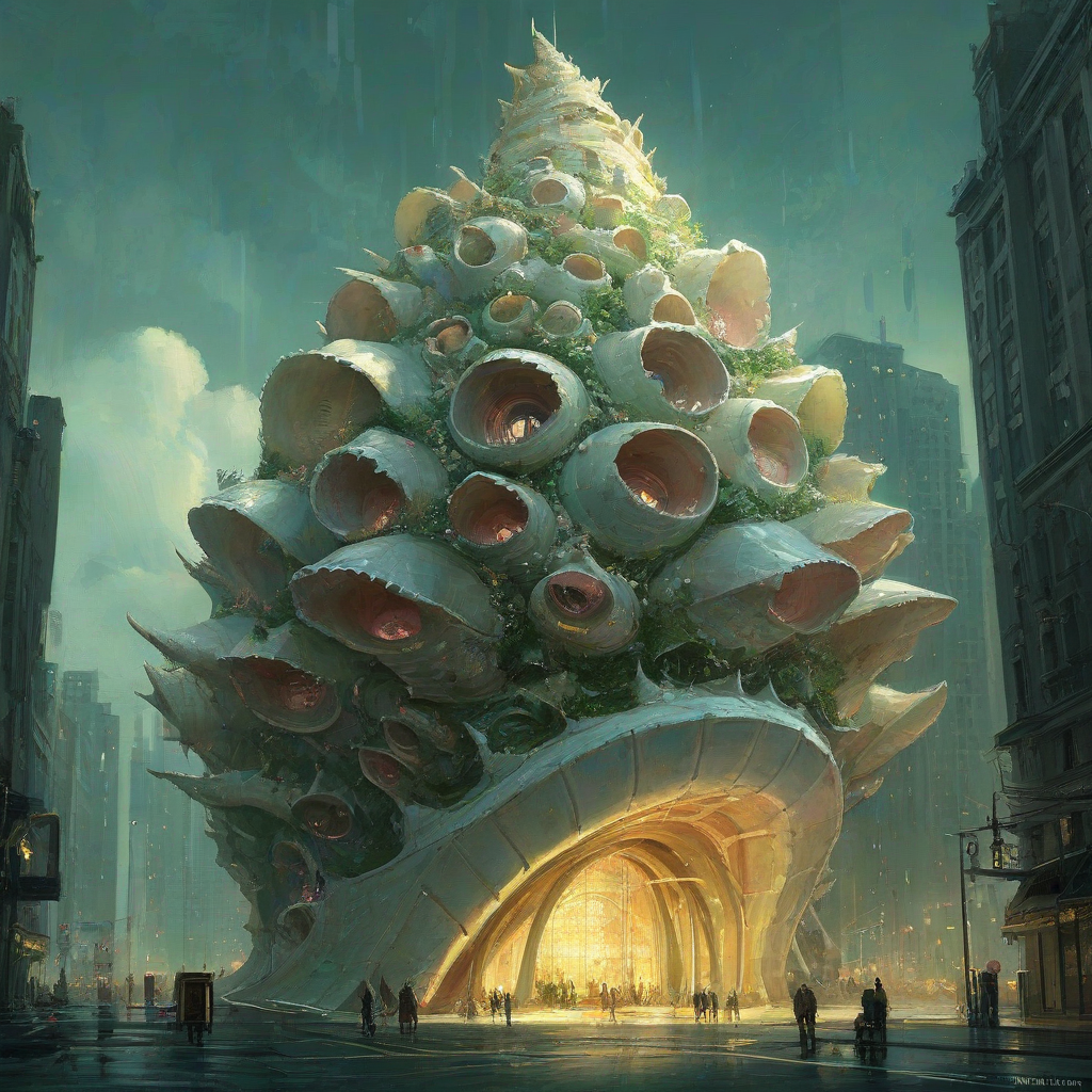 Digital art of a giant conch-shaped tower, visible window lights in the shell, white, green, gold, and pink accent colors, Michael Whelan and Jeremy Mann art style influence