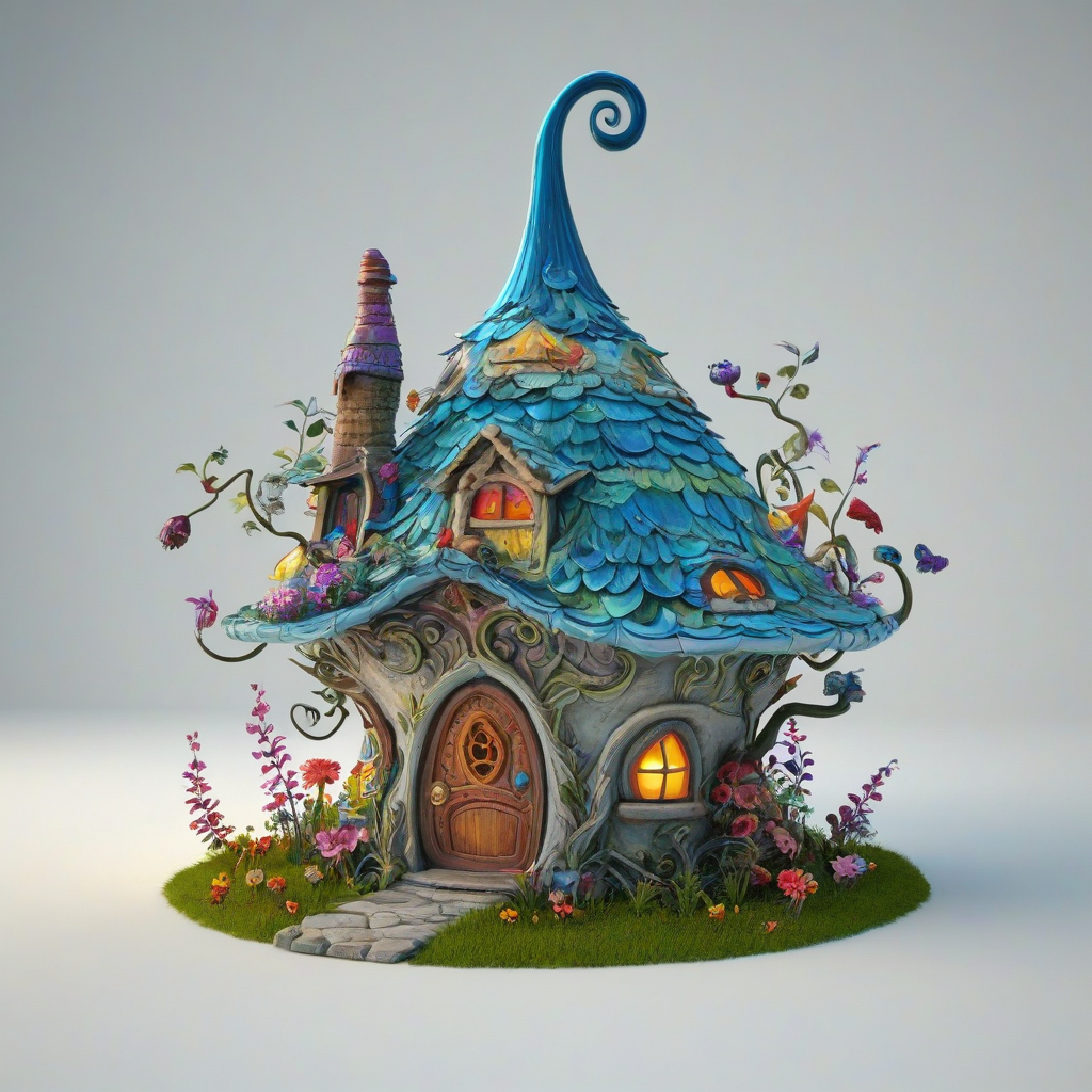 A 3D cartoon animation of a fairy house made from a vase, with bright lighting, vibrant colors, and intricate details, in a full-body view with the house visible from all sides, on a plain white background, with a whimsical and fantastical atmosphere, on a plain white background, even lighting