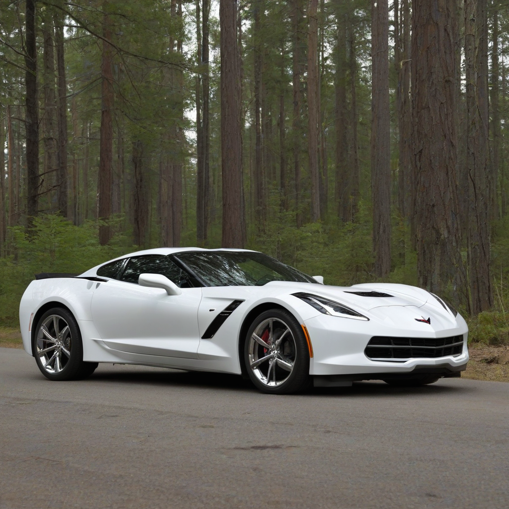 Sleek, white Chevy Corvette, full-body view, wide shot, shiny finish, on a forest road