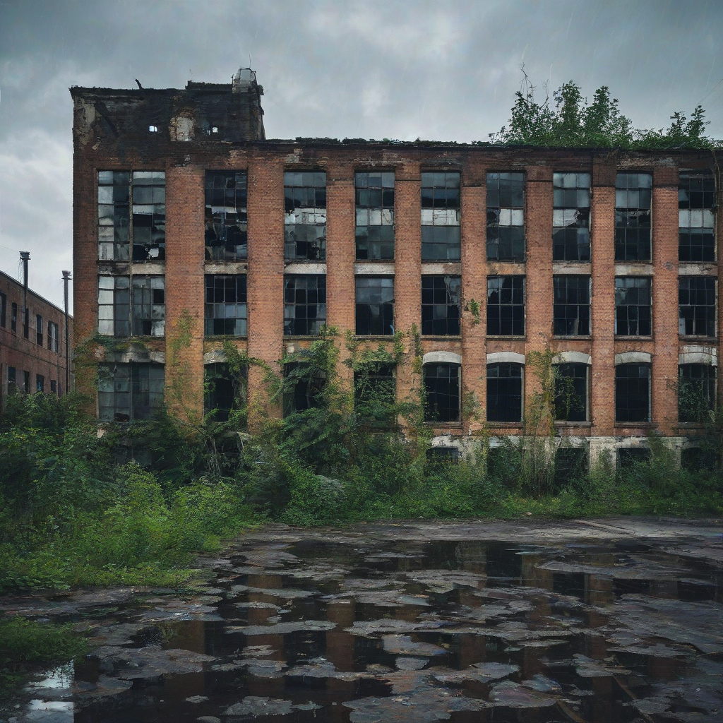 Gritty urban decay photograph of an abandoned, overgrown factory building, with broken windows and crumbling brick. Overcast, moody lighting, rain puddles reflecting the industrial ruin, sense of forgotten history