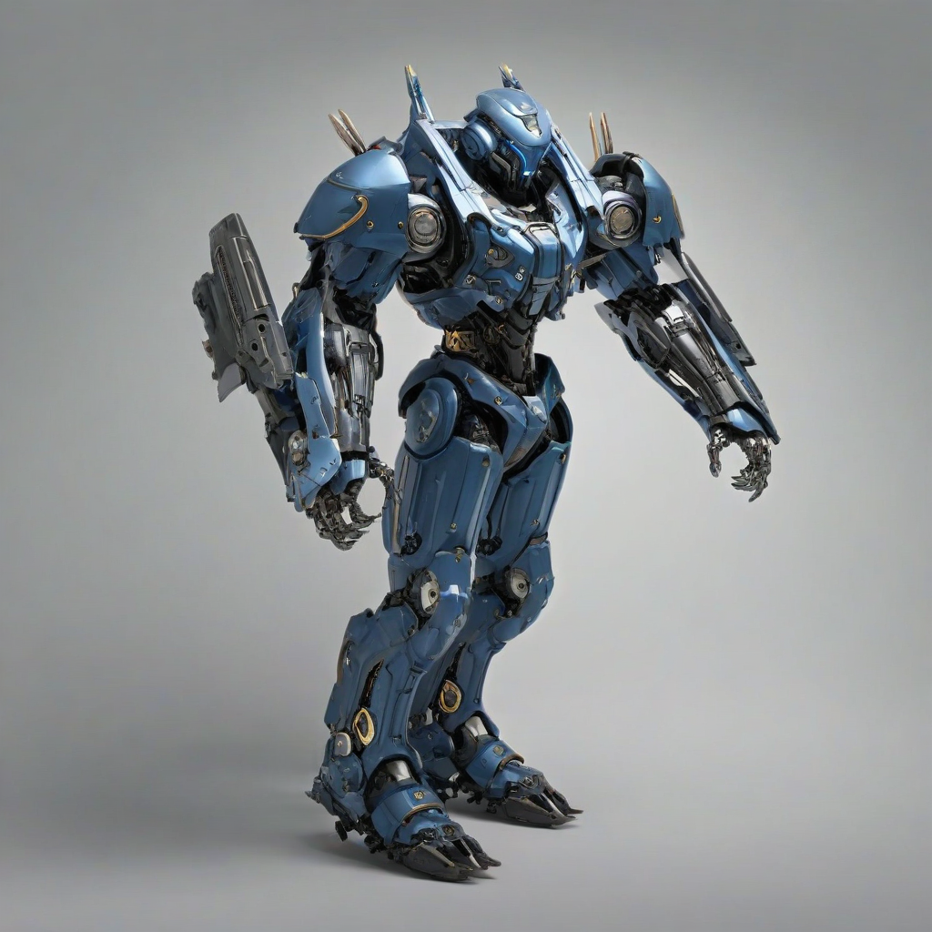 A Steel Blue mech suit, full-body view, wide shot, with intricate Gothic details and ornate metallic plating, on a plain white background, with dynamic shadows and a hard rim light, in a digital art style with a mix of dark and light hues, with the mech suit's feet visible and its arms at its sides, on a plain white background, even lighting