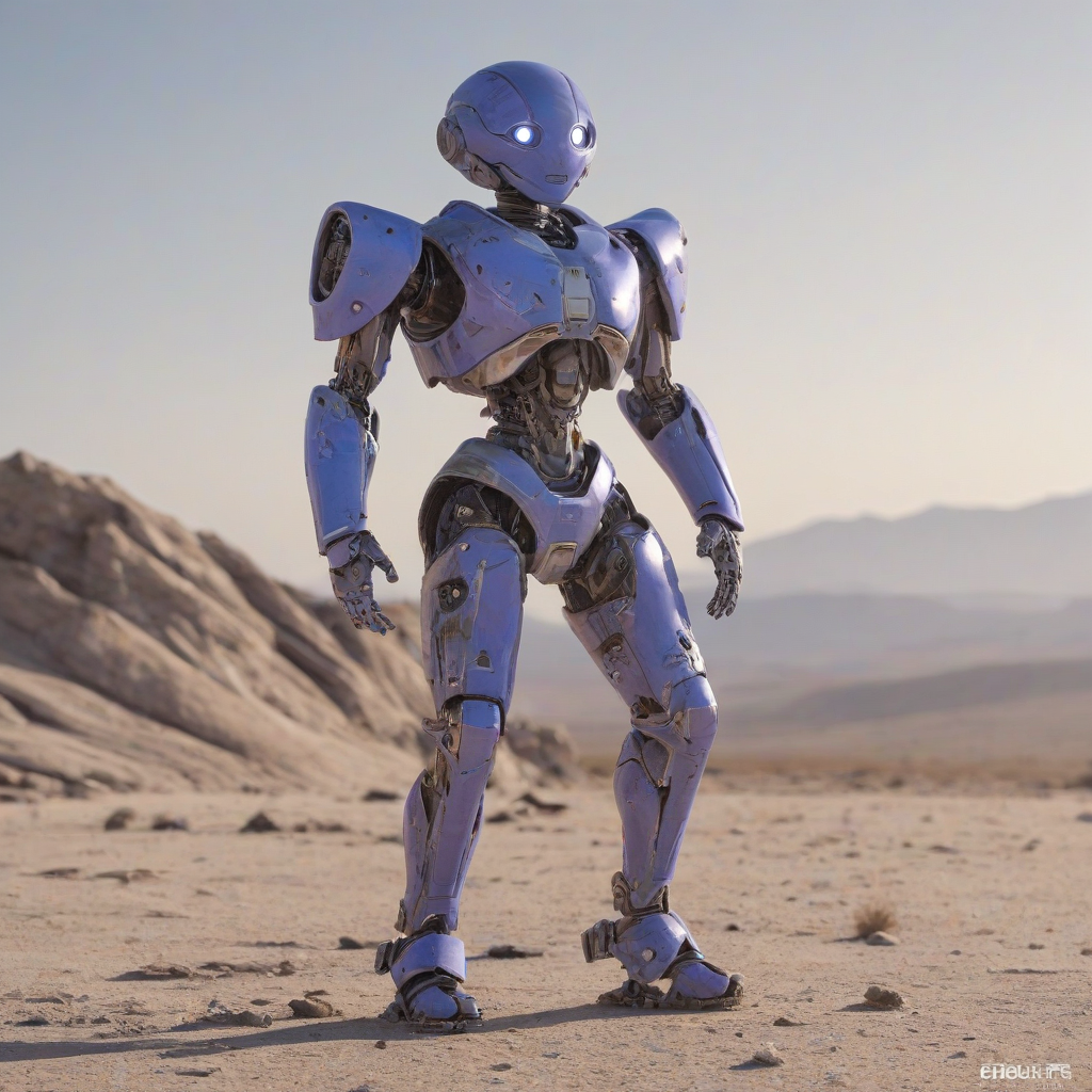 A full-body view of a robot named Periwinkle, with a periwinkle-colored metallic body, standing alone in a desolate, post-apocalyptic landscape with a wide-angle shot, on a plain white background, with a soft, warm backlight and dynamic shadows, in a digital art style with a mix of realistic and futuristic elements, with a focus on intricate details and textures, and a sense of nostalgia and abandonment in the atmosphere, on a plain white background, even lighting 