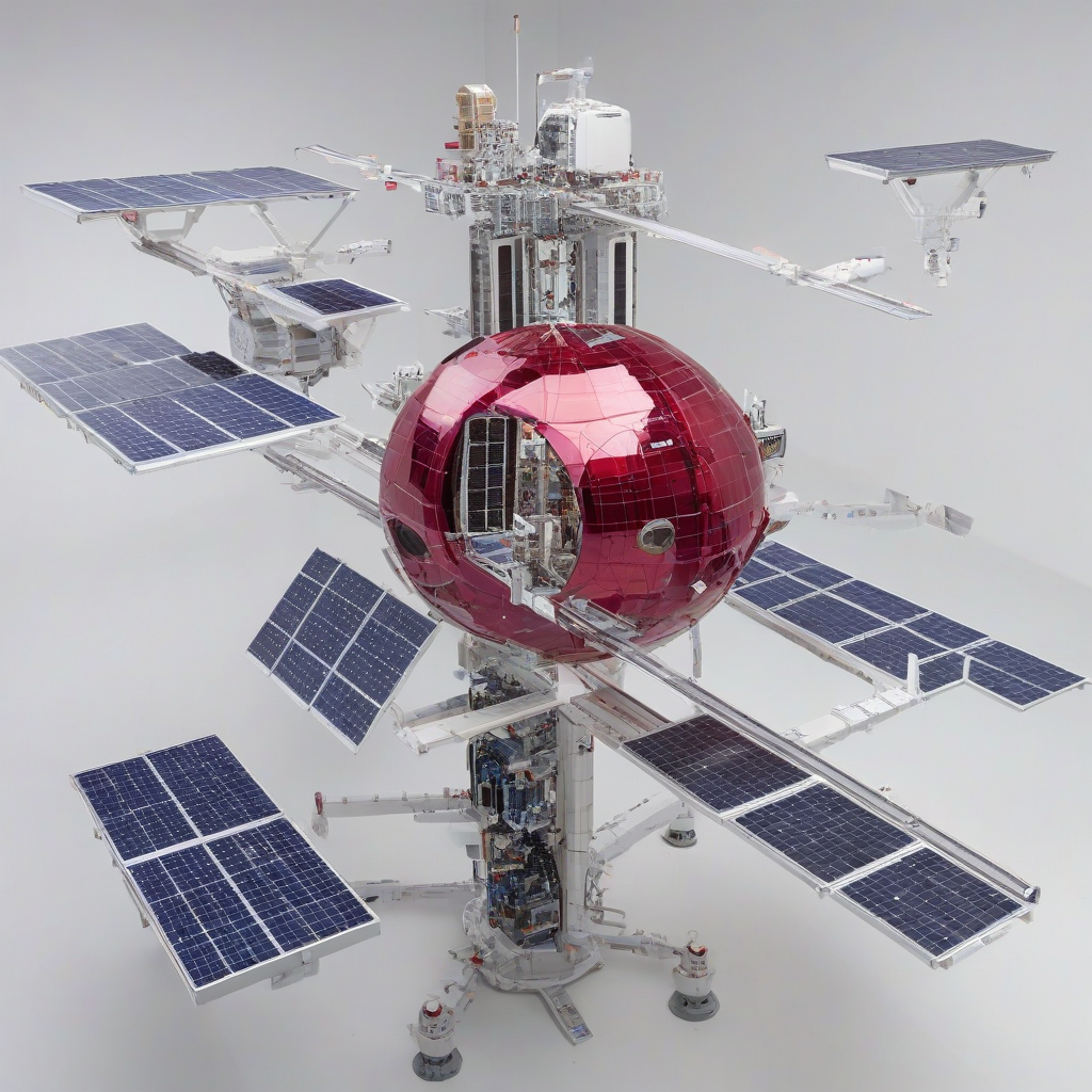 a large, sleek space station named Ruby, with a metallic surface and a series of solar panels and antennas, set against a plain white background, in a wide shot with the entire station visible, with a contemporary and futuristic design, with bright and vibrant colors, and a sense of depth and dimensionality, on a plain white background, even lighting 