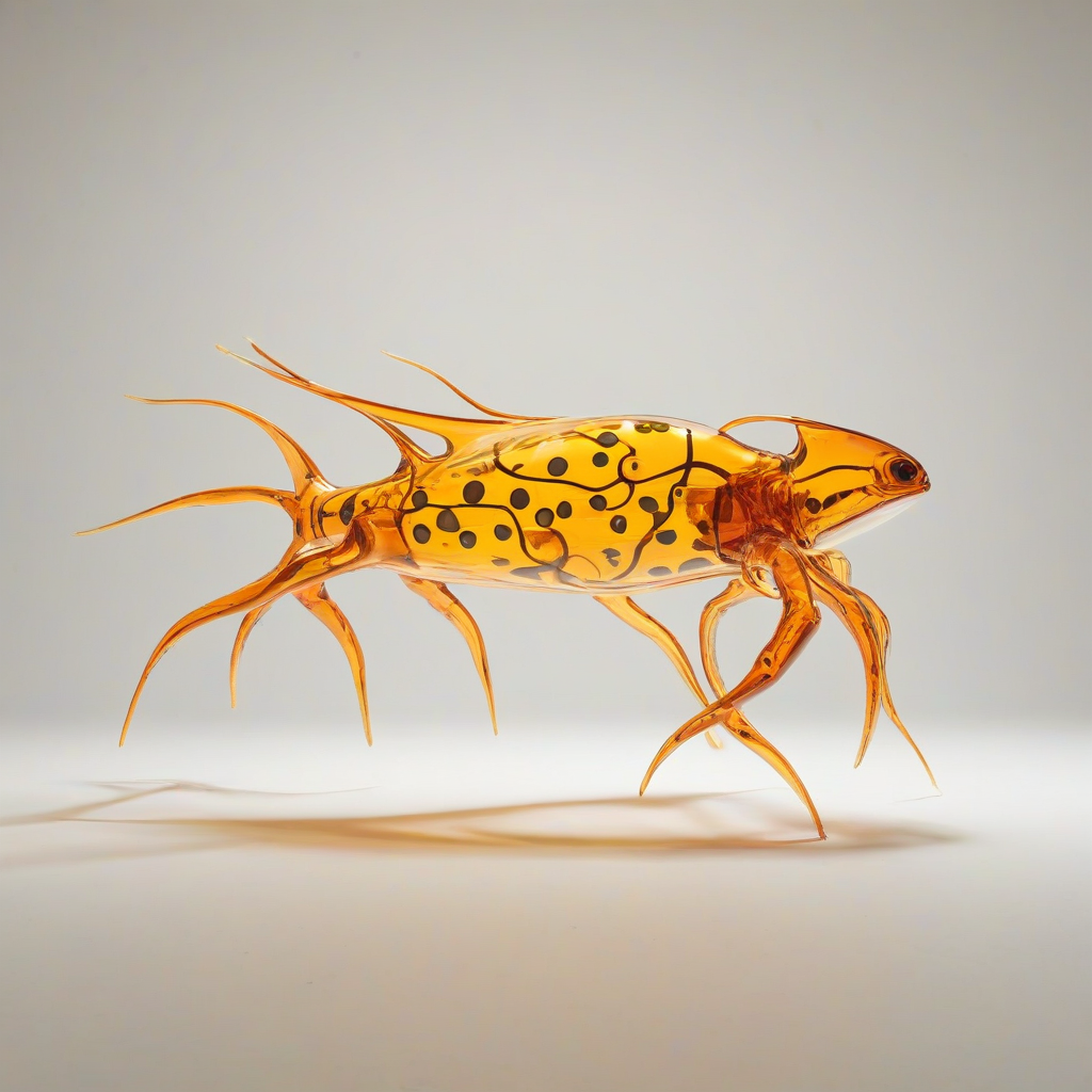 A full-body view of an underwater creature, Amber, in a modernist style, with a sleek and geometric shape, vibrant orange and yellow hues, and abstract patterns, set against a plain white background, with dynamic shadows and soft lighting, in a wide-angle shot, on a plain white background, even lighting 
