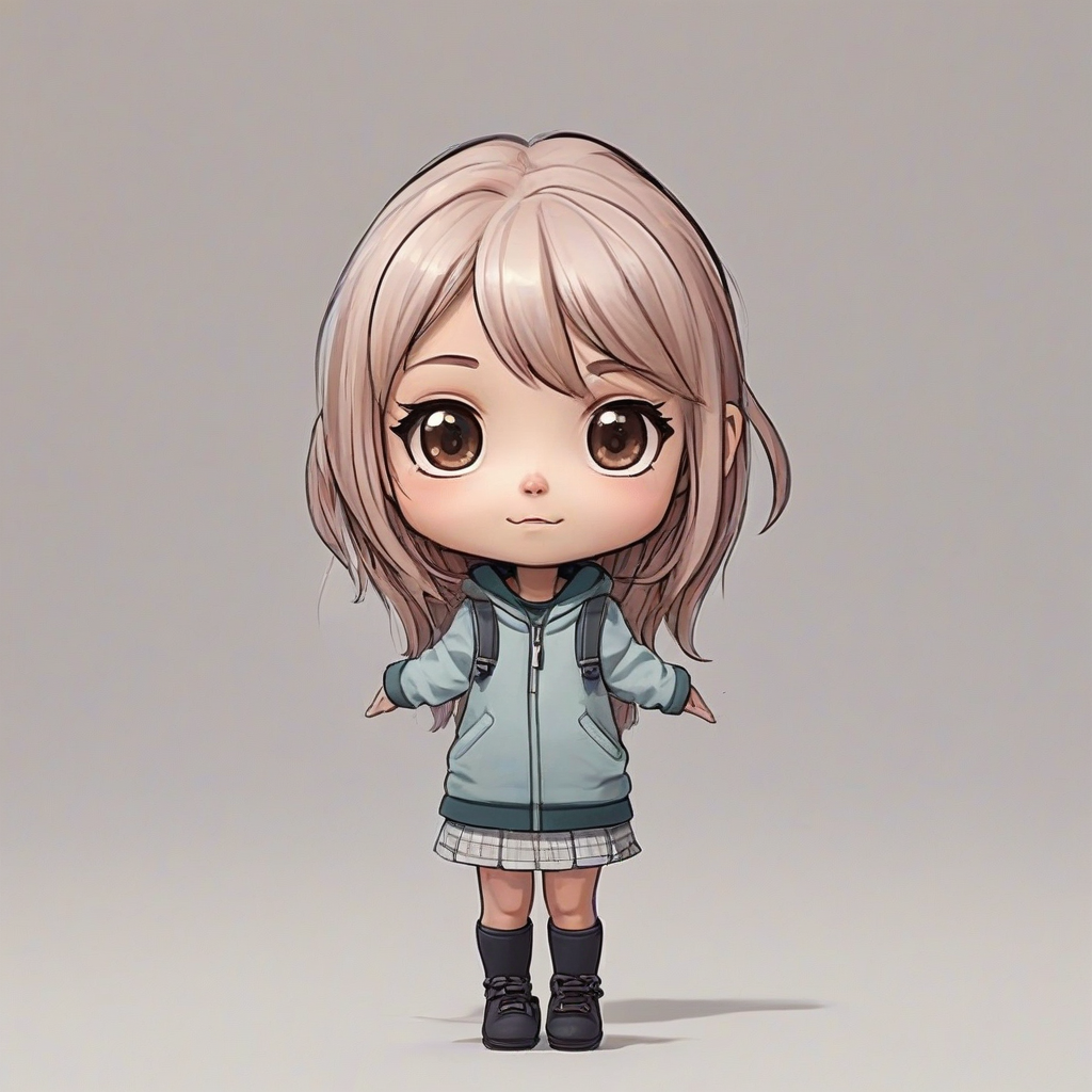 chibi cartoon style girl, with soft colors, soft features, on a plain white background, even lighting