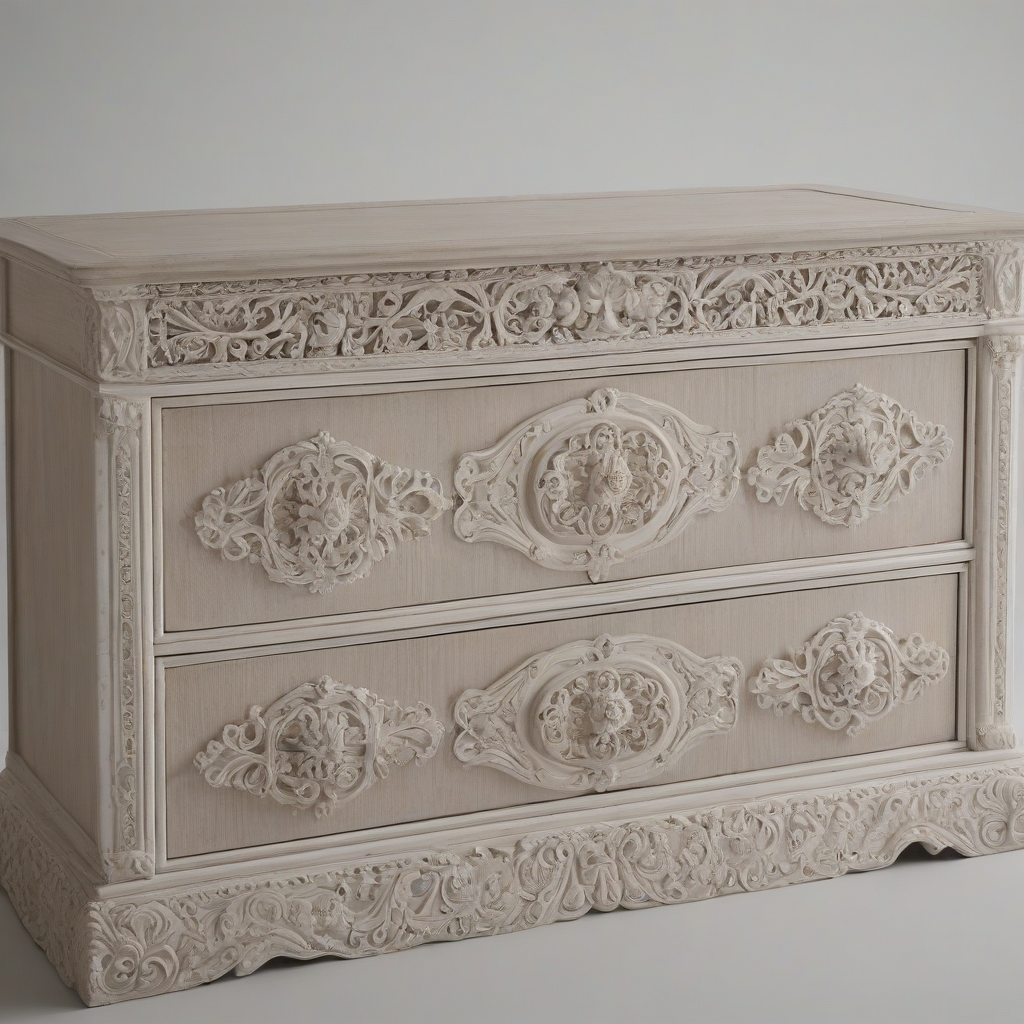 A highly detailed, realistic, brown wooden chest of drawers, with intricate carvings on the drawers and a smooth, glossy finish, set against a plain white background, in a wide shot with the chest's feet visible, utilizing a cinematic, photographic style with soft, natural lighting and subtle shadows, on a plain white background, even lighting