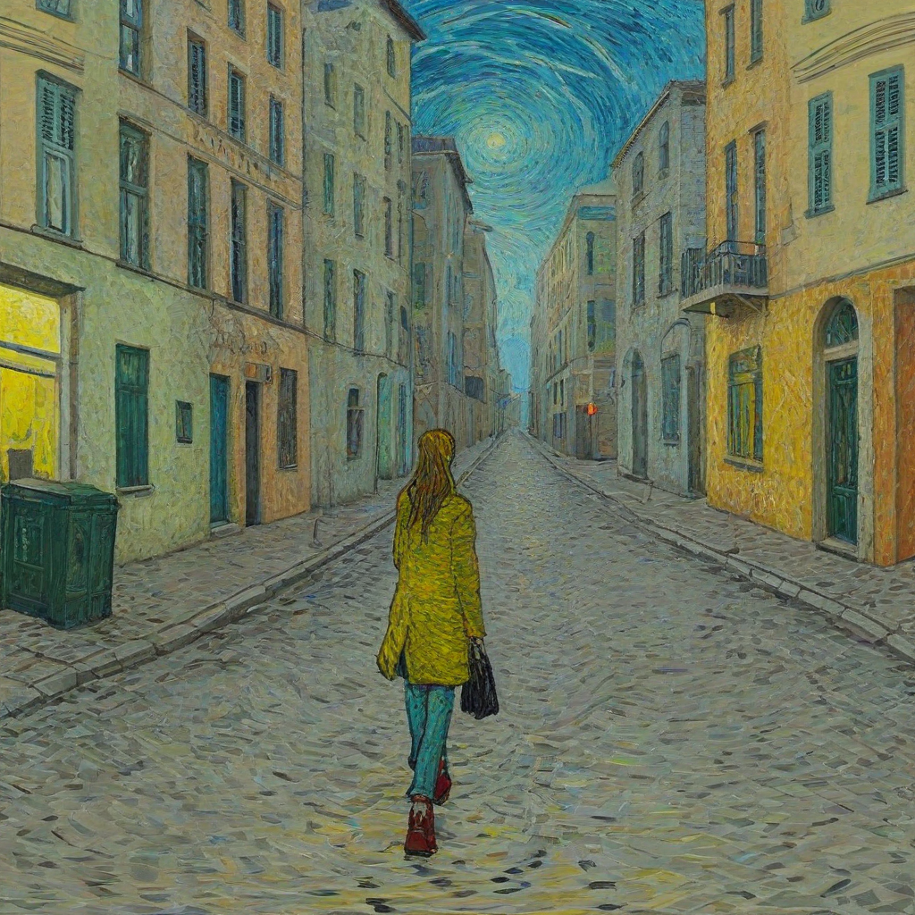 Vincent van Gogh style painting of a modern in the year 2025 woman walking down the street