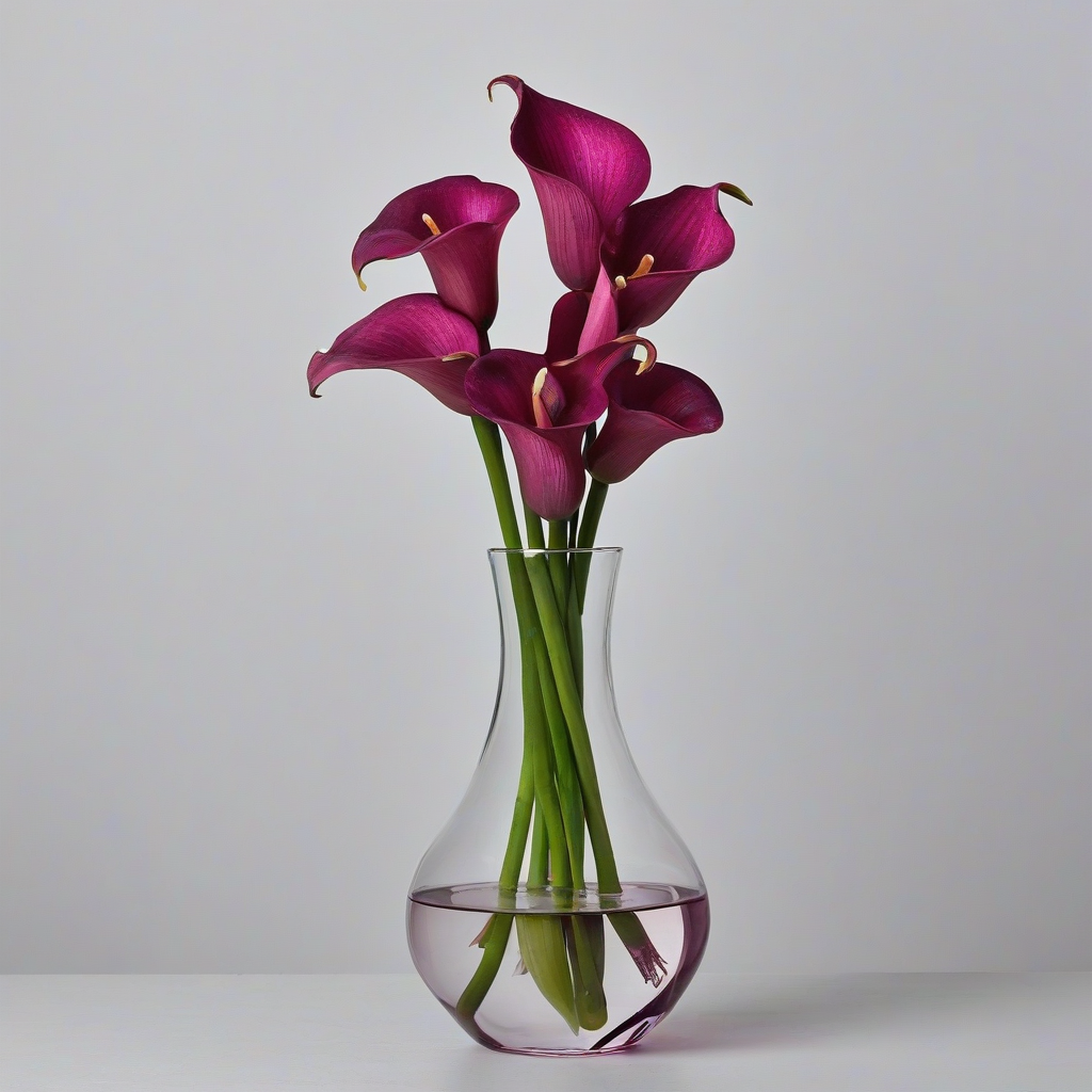 clear purple glass vase with pink calla lilies in it, on a plain white background, even lighting, glass is a deep plum color