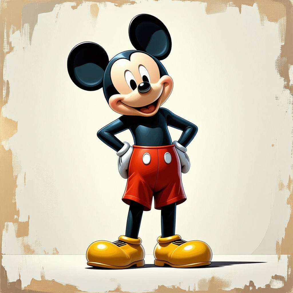 Mickey Mouse, tall, full-body view, standing on a plain white background, wearing his iconic red shorts and yellow shoes, with a cheerful expression, in a digital art style with bold lines and vibrant colors, wide shot, feet visible, no shadows