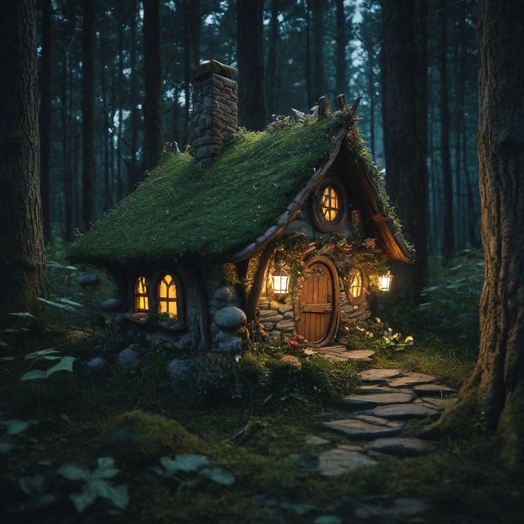 a realistic fairy house in the woods at night