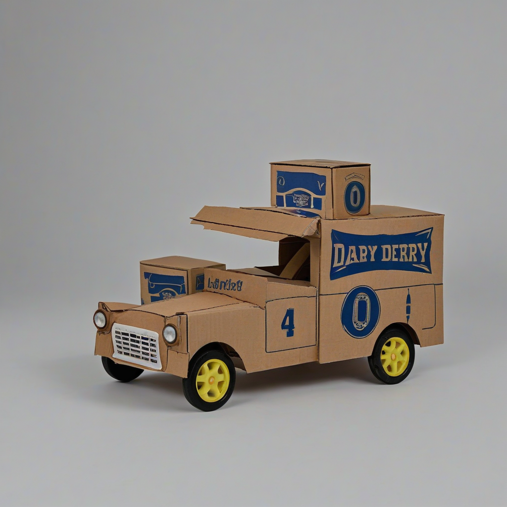 toy derby car made of cardboard boxes, uniform lighting, no background, whole body visible, on a plain white background, uniform lighting, on a plain white background, even lighting