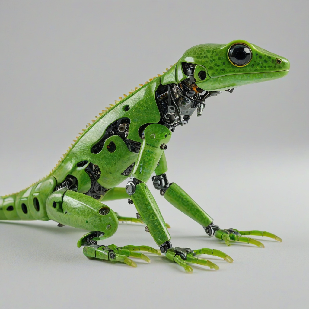robotic green gecko, on a plain white background, even lighting