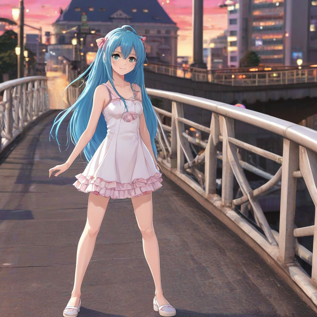 full-body view of an anime girl with long blue hair and brown eyes, wearing a white and pink dress, standing on a bridge in front of a anime city, with a gentle smile and a slight blush on her cheeks, in a wide shot with her feet visible, in an anime style with soft lighting and vibrant colors