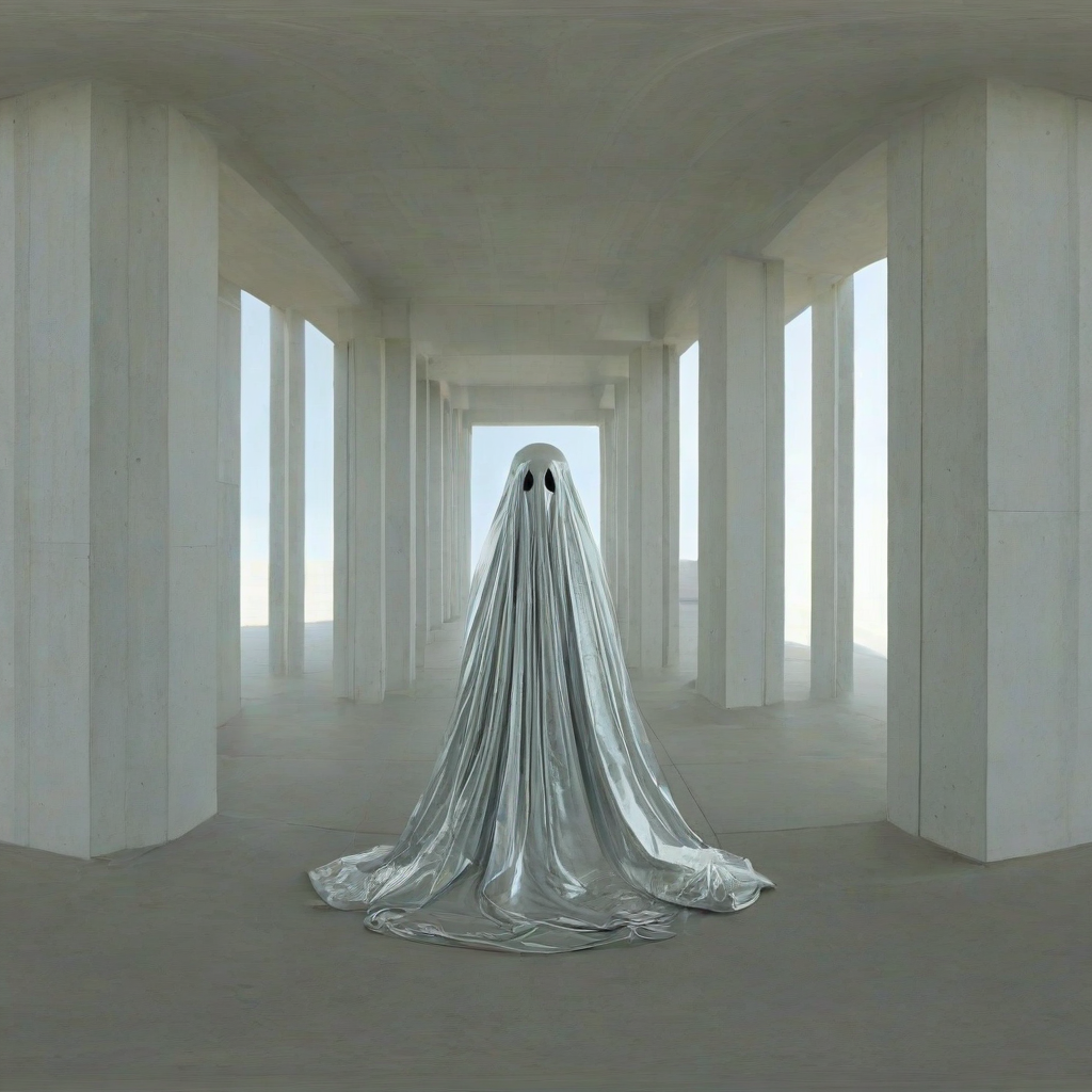 A full-body view of a ghost with a silver, metallic sheen, set against a plain white background, in the style of Brutalism, with a wide-angle shot and dramatic lighting, emphasizing the ghost's ethereal presence, with a focus on architectural details and a sense of eeriness