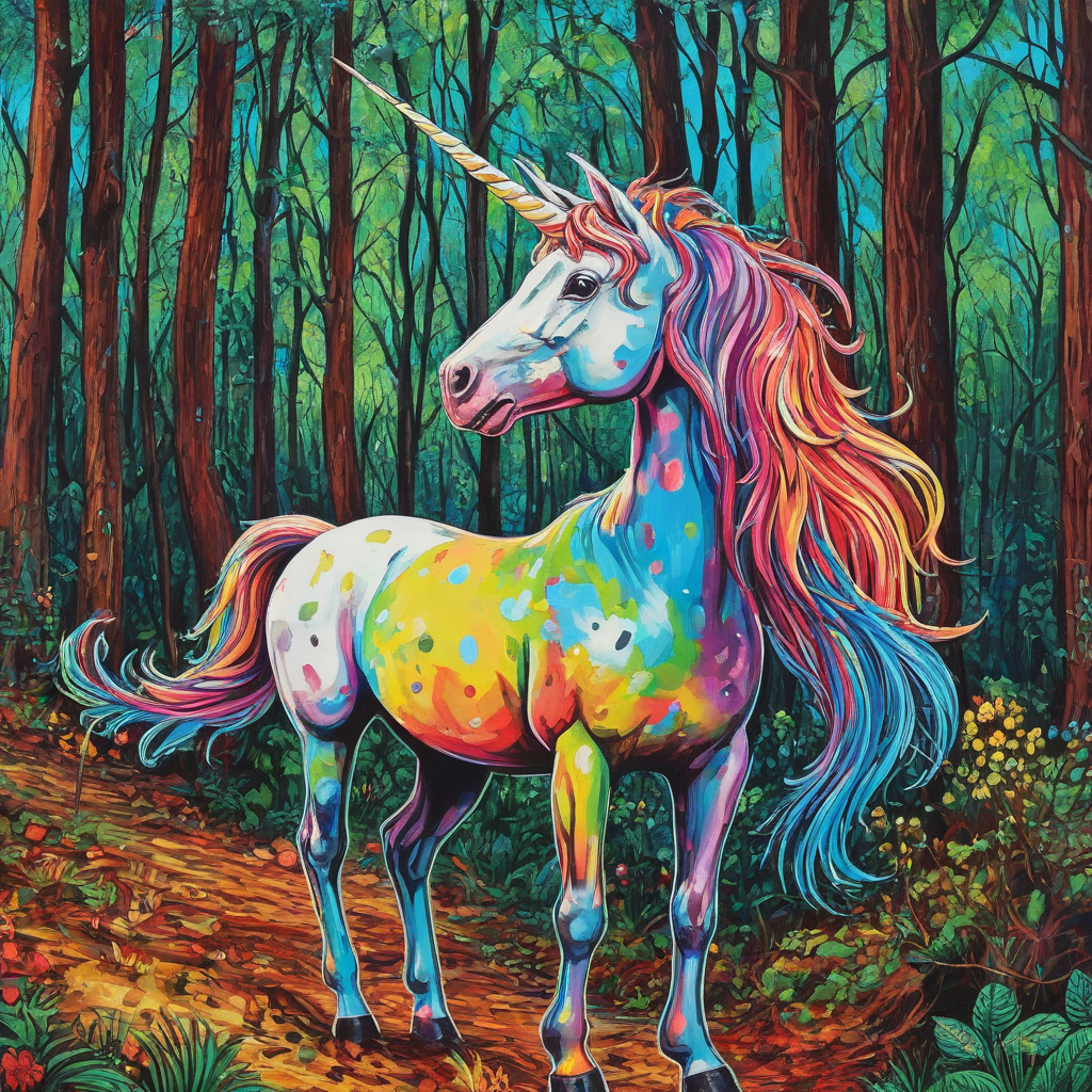 Pop art painting of a rainbow unicorn in a forest