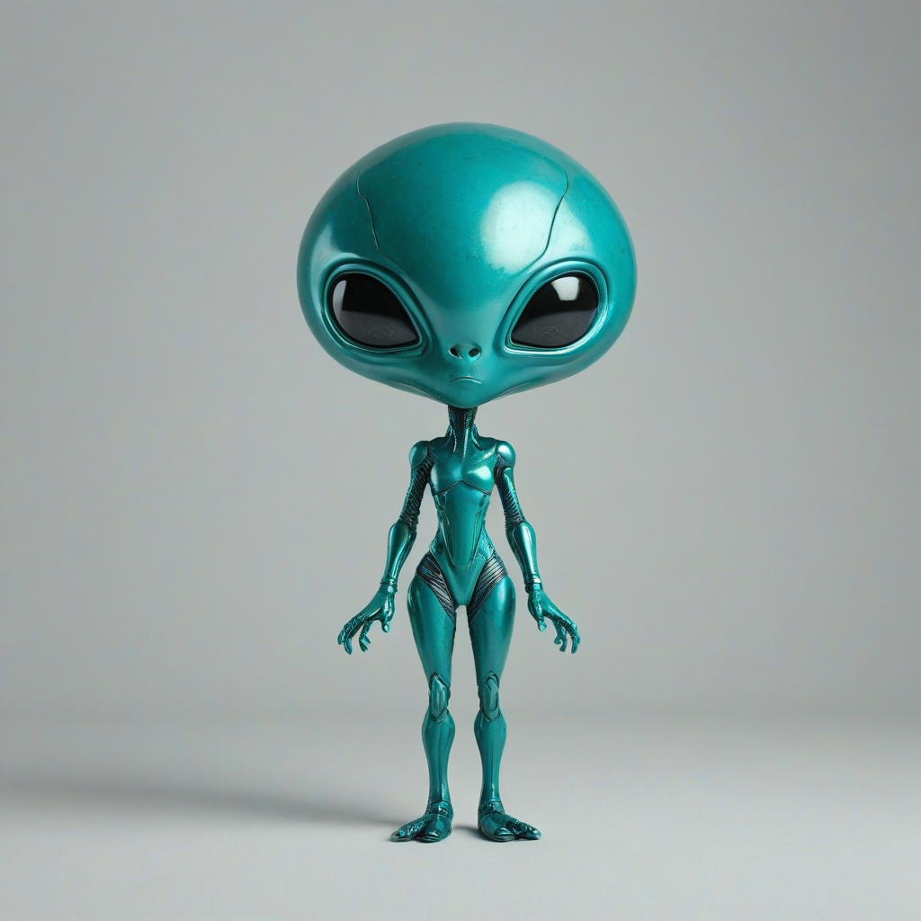 A teal, retro-futuristic, big headed alien, on a plain white background, with even lighting, on a plain white background, even lighting