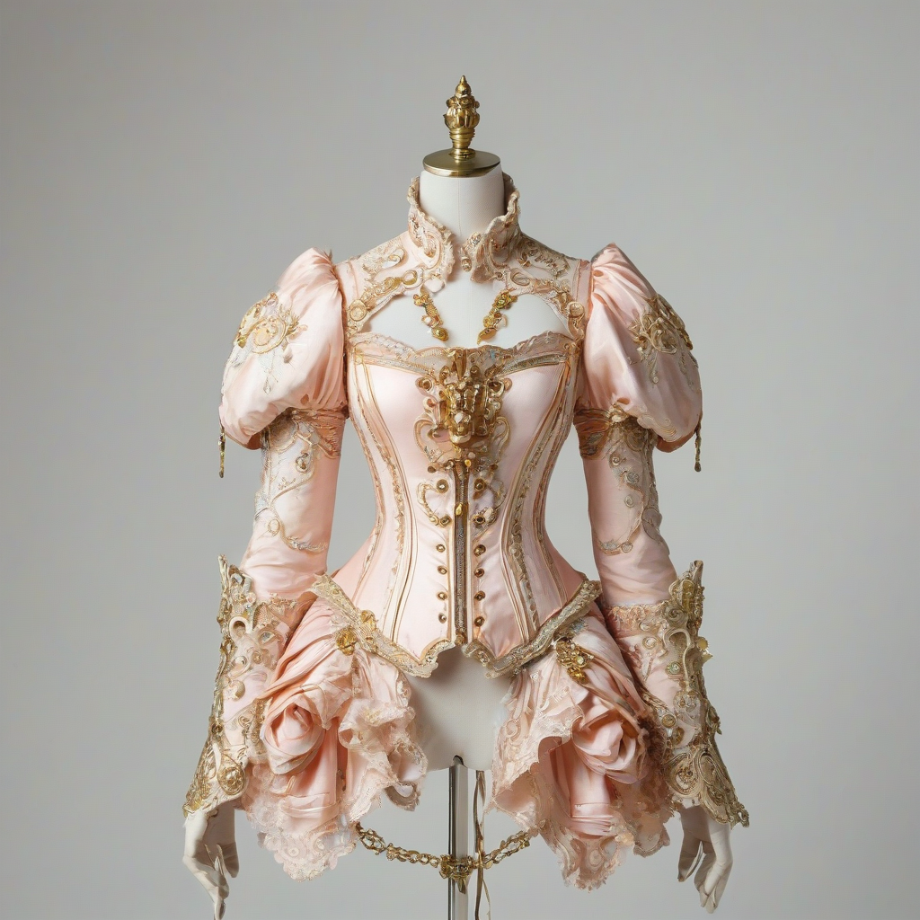 A full-body view of a wearable gadget, Peach, in the style of Rococo, with intricate golden details and a soft pastel color scheme, on a plain white background, with a wide shot and the gadget's entire body visible, including its straps and buckles, in a bright and airy environment with a hint of Baroque flair, on a plain white background, even lighting