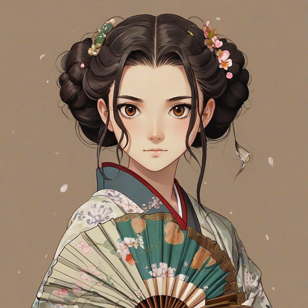 Close-up Studio Ghibli-inspired anime girl, dark braided hair with floral pins, wise brown eyes, traditional kimono, holding closed fan