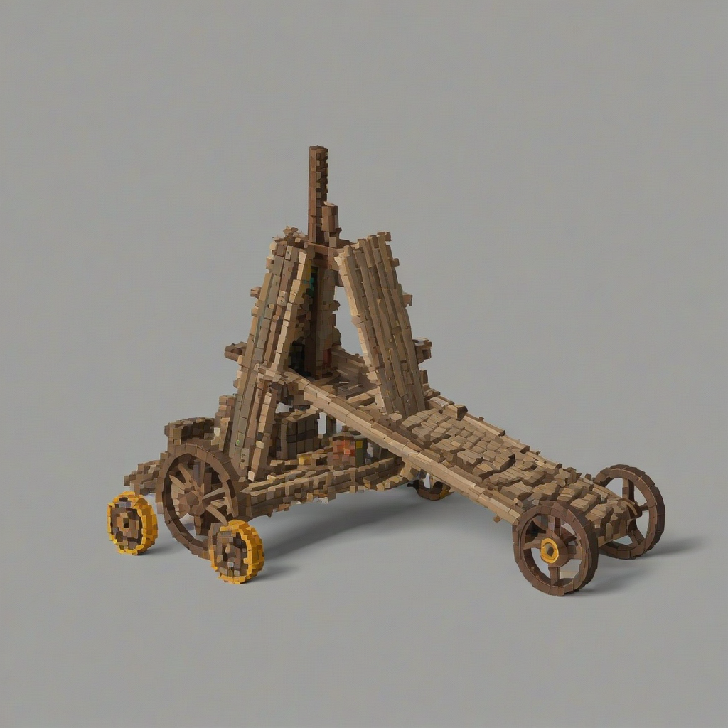 A medieval siege weapon, such as a catapult or trebuchet, in a full-body view, with a khaki color scheme, created in a pixel art style, on a plain white background, with a wide shot and the entire weapon visible, including its wheels and throwing arm, with a bright and colorful pixelated texture