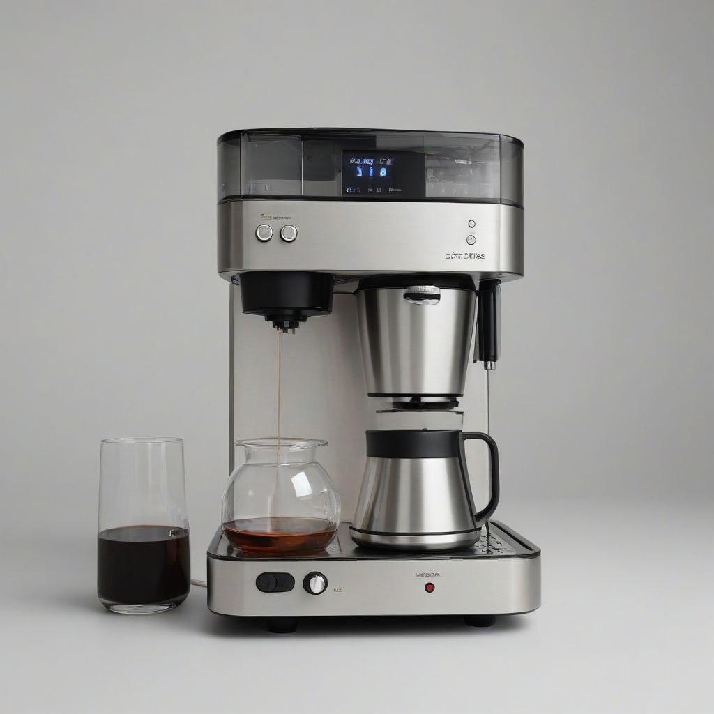 A sleek, modern drip coffee maker with a stainless steel body and a large, circular water reservoir, sitting on a plain white background, with a wide shot that shows the entire machine, including the carafe and the control panel, in a photorealistic style with soft, natural lighting and subtle shadows, on a plain white background, even lighting 