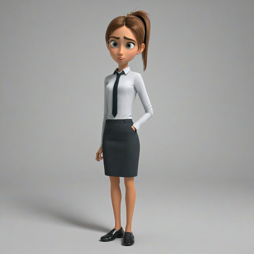 3d cartoon animation of a tall, skinny, lanky, clumsy, messy dressed, young female office worker, with a messy ponytail, big eyes, rounded facial features, full body visible, on a plain white background, even lighting