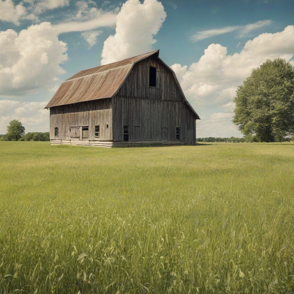 A old, rustic, wooden barn with a gambrel roof, weathered to a soft grey, standing alone in a green meadow with a few trees, under a clear blue sky with puffy white clouds, full-body view, wide shot, feet visible, digital art style, with warm lighting and dynamic shadows