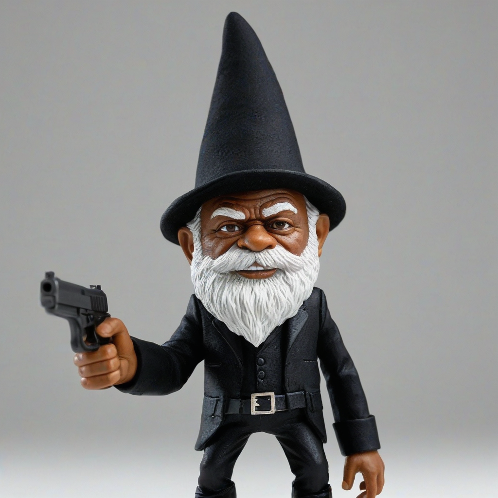 Gnome version of Samuel L. Jackson in a black suit, wearing a pointed hat, holding a pistol outstretched, on a plain white background with even lighting., on a plain white background, even lighting
