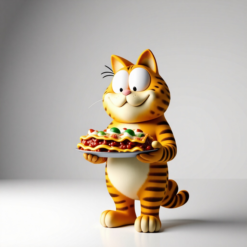 Garfield holding a lasagna