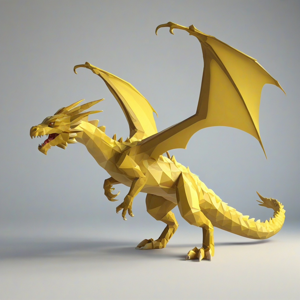 A low poly, mustard-colored dragon, with a full-body view, on a plain white background, in a wide shot, with a subtle backlight and dynamic shadows, in a digital art style, with clean lines and minimal textures