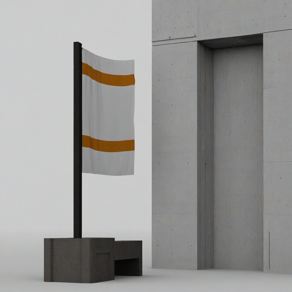 A flag, with a dominant color of amber, incorporating brutalist architectural elements, such as bold geometric shapes and concrete textures, in a wide shot, on a plain white background, with the flag's entire design visible, including the pole and any attachments, in a digital art style with high contrast and sharp lines, on a plain white background, even lighting 