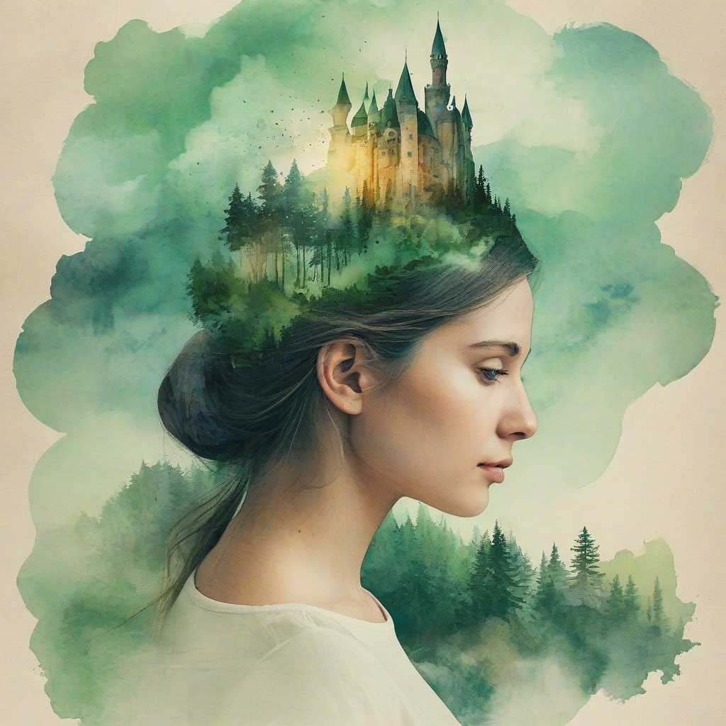 Double exposure portrait of a woman's head in profile, filled with a surreal dreamscape featuring a majestic watercolor art style castle nestled in clouds and lush green forests, detailed, sunrise, atmospheric lighting, high resolution, no humanistic qualities, watercolor art style, her head is the landscape