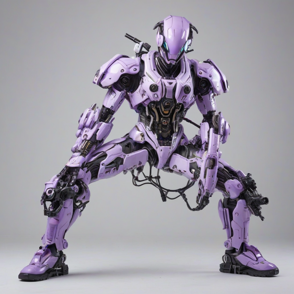 Lavender cyberpunk mech suit, full-body view, plain white background