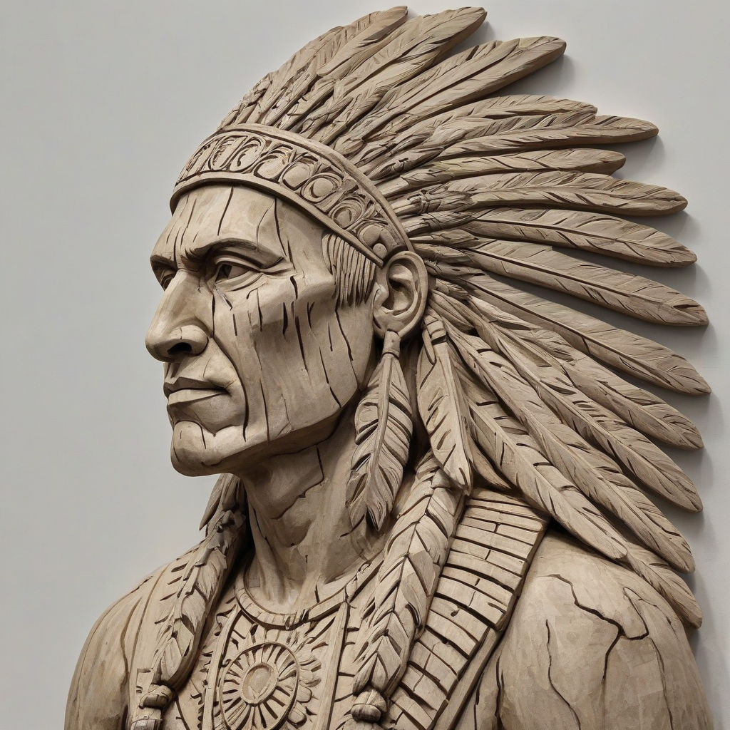 wood carving of Native American with mohawk, on a plain white background, even lighting