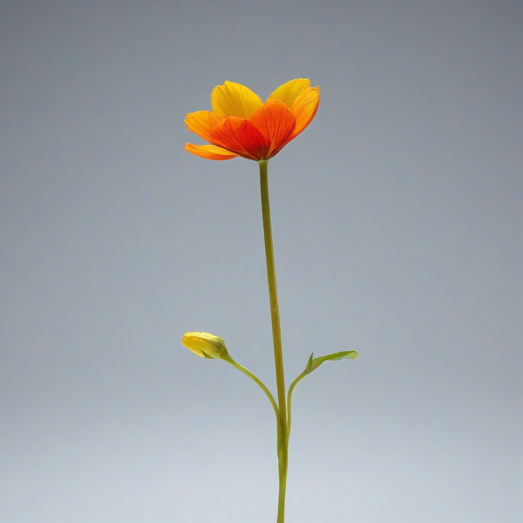 A single, delicate flower with a slender stem, entirely made out of vibrant, colorful glass, with intricate details and textures, in a full-body view, on a plain white background, with soft, natural lighting , with a wide-angle shot, and the flower and stem are the main focus of the image, on a plain white background, even lighting